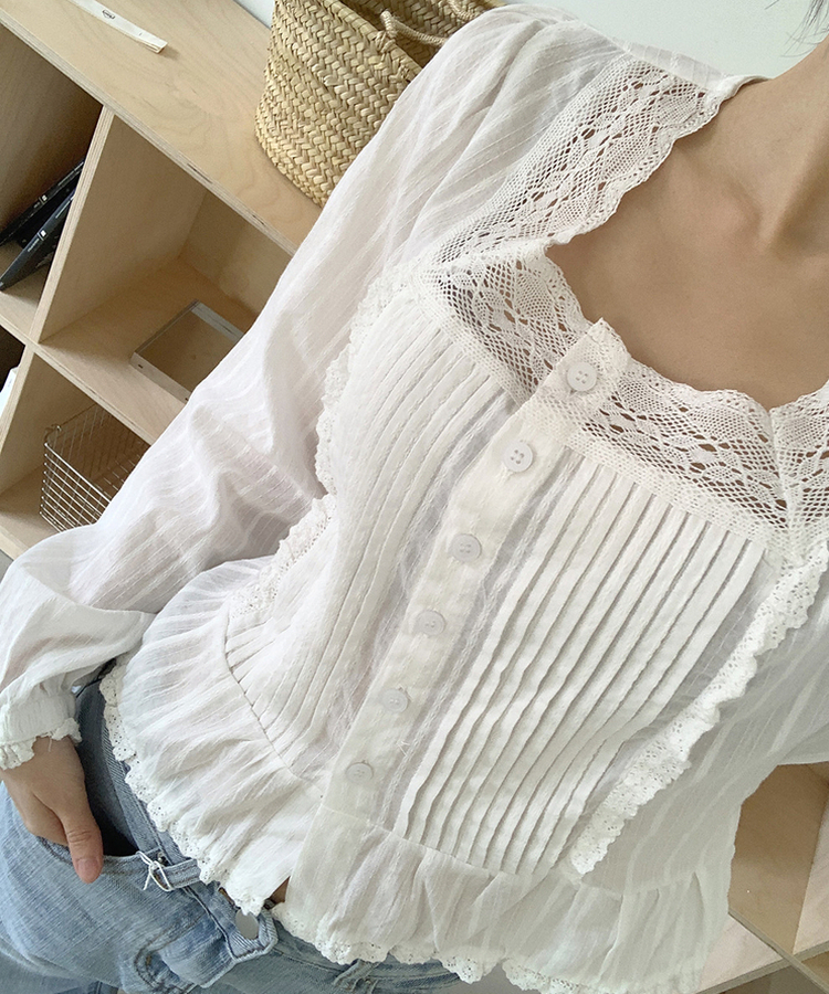 レースパフフリル長袖ブラウス IVORY