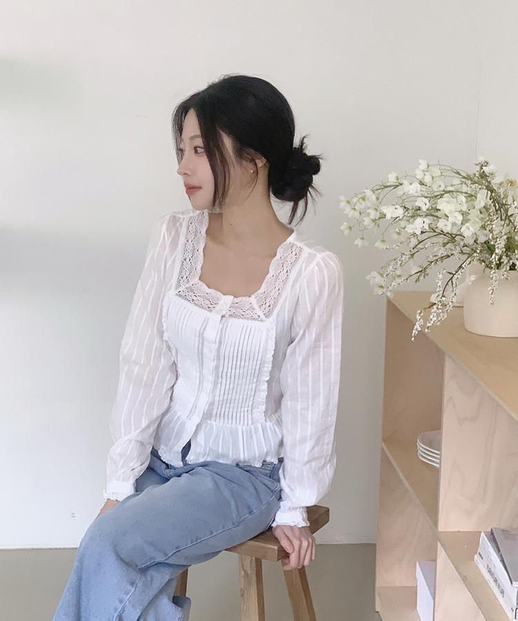 レースパフフリル長袖ブラウス IVORY