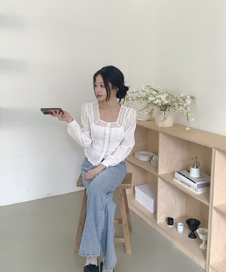 レースパフフリル長袖ブラウス IVORY