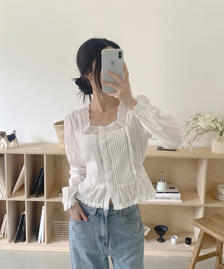 レースパフフリル長袖ブラウス IVORY