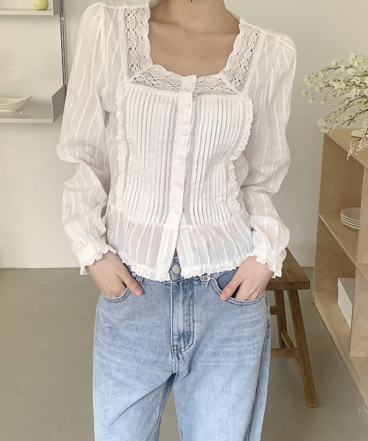 レースパフフリル長袖ブラウス IVORY