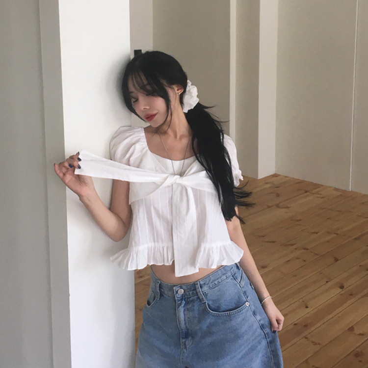 フリルパフレースリボン半袖ブラウス IVORY