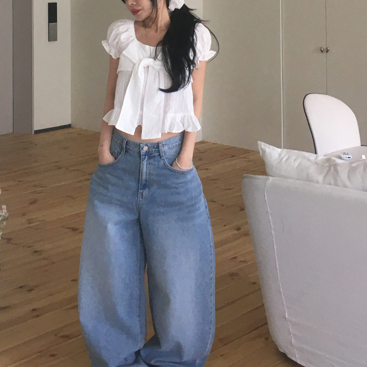 フリルパフレースリボン半袖ブラウス IVORY