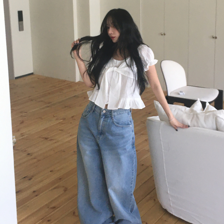 フリルパフレースリボン半袖ブラウス IVORY