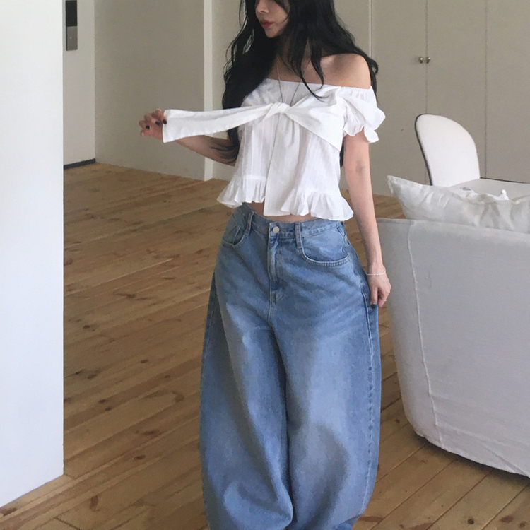 フリルパフレースリボン半袖ブラウス IVORY