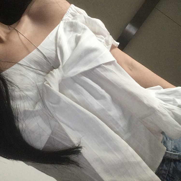 フリルパフレースリボン半袖ブラウス IVORY