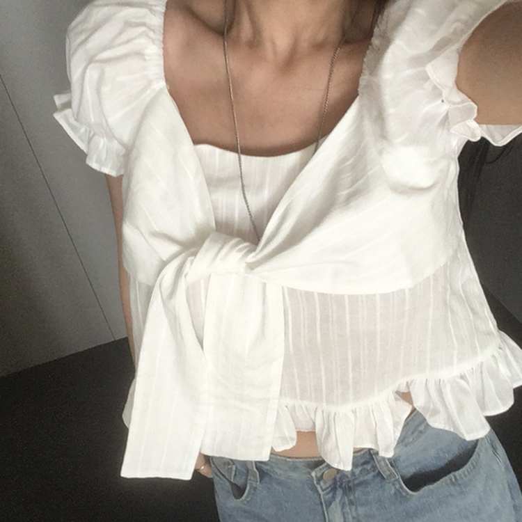 フリルパフレースリボン半袖ブラウス IVORY