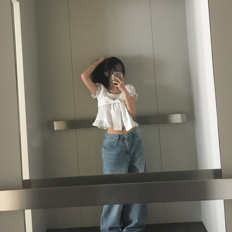 フリルパフレースリボン半袖ブラウス IVORY