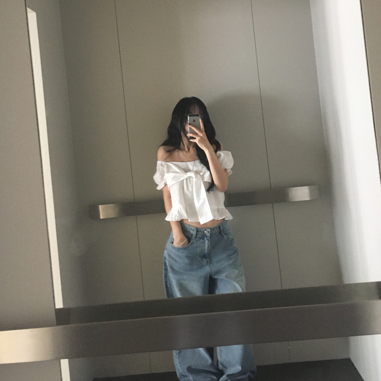 フリルパフレースリボン半袖ブラウス IVORY