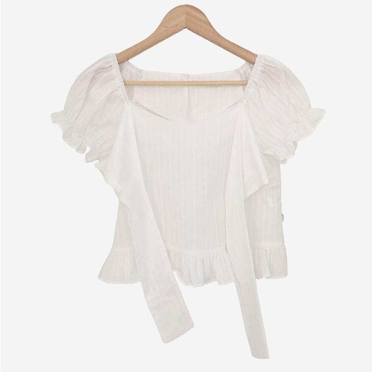 フリルパフレースリボン半袖ブラウス