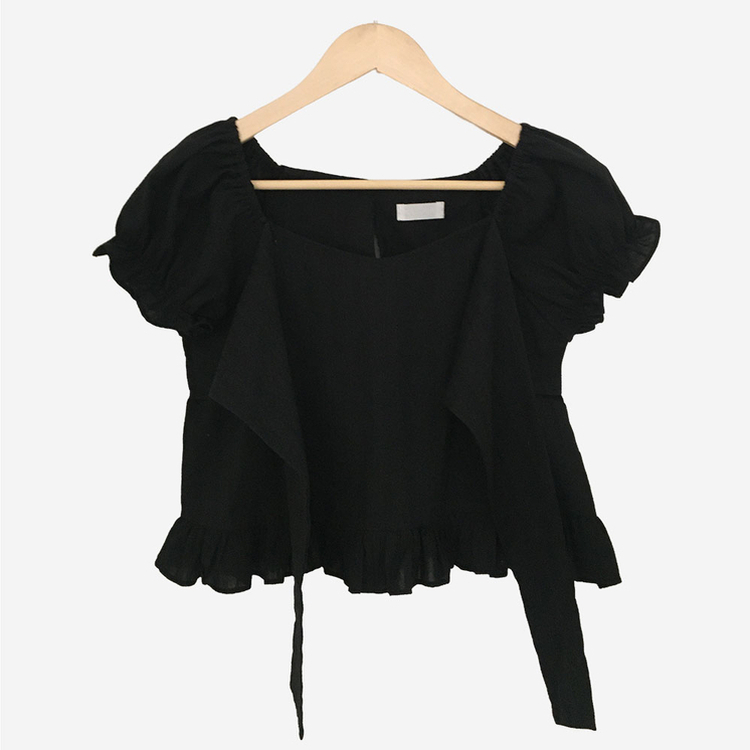 フリルパフレースリボン半袖ブラウス