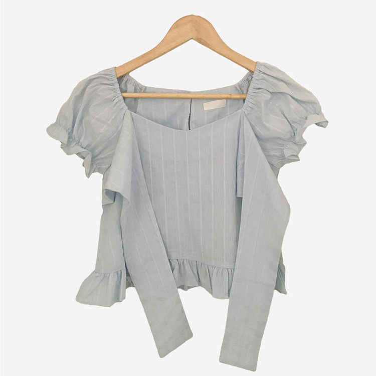 フリルパフレースリボン半袖ブラウス