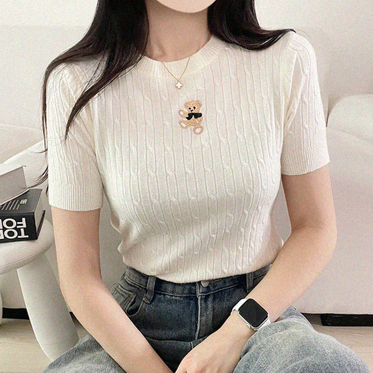 ベアーラウンドネックケーブル半袖ニット IVORY