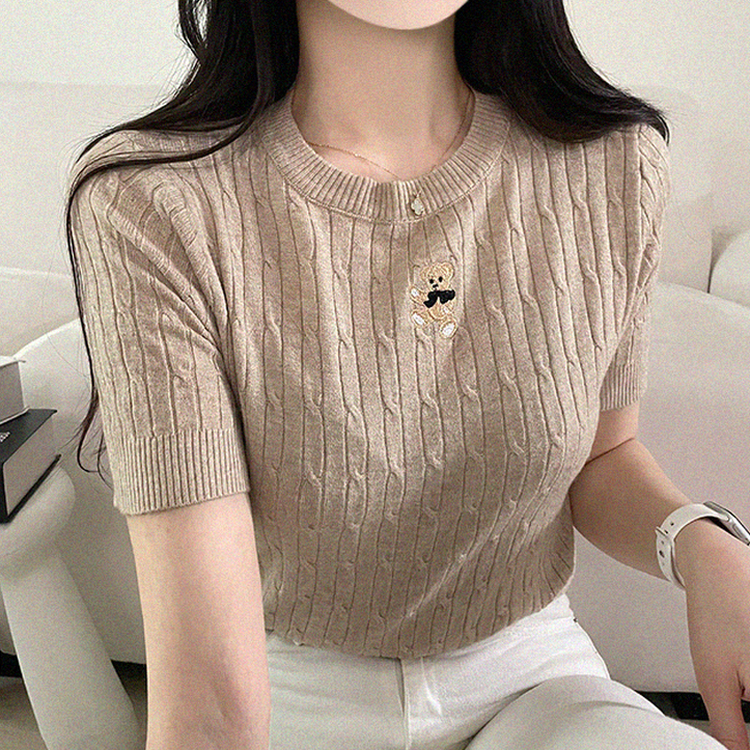 ベアーラウンドネックケーブル半袖ニット BEIGE