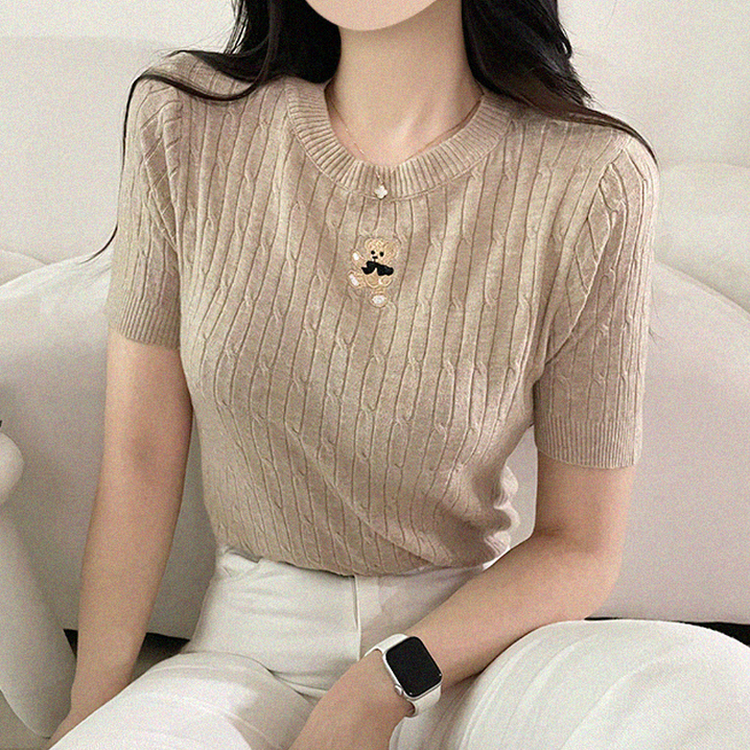 ベアーラウンドネックケーブル半袖ニット BEIGE