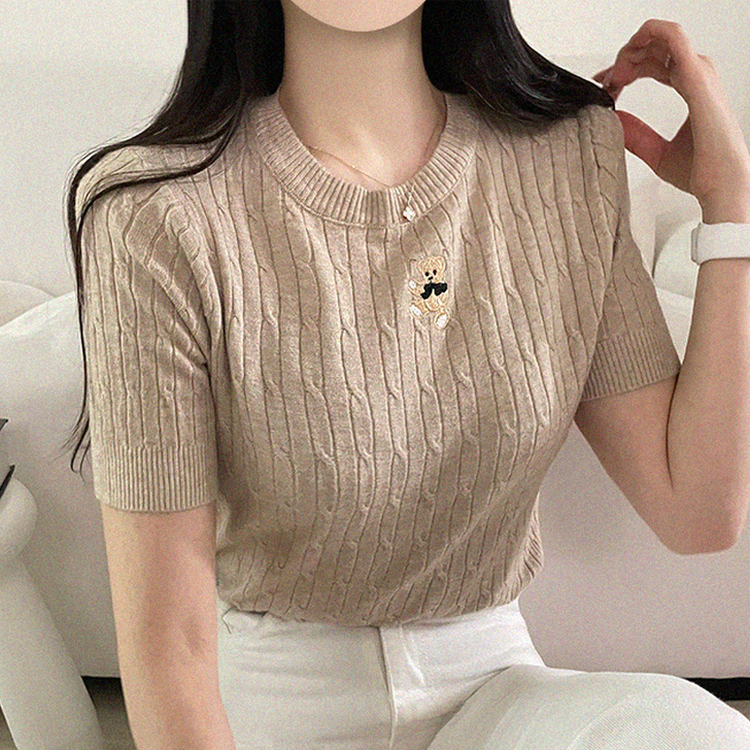 ベアーラウンドネックケーブル半袖ニット BEIGE