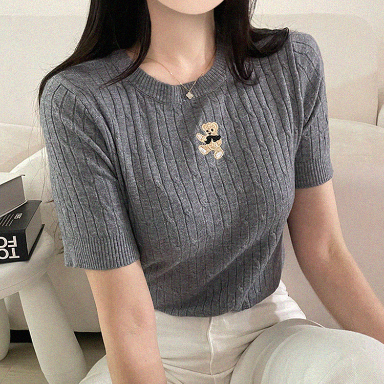 ベアーラウンドネックケーブル半袖ニット GRAY