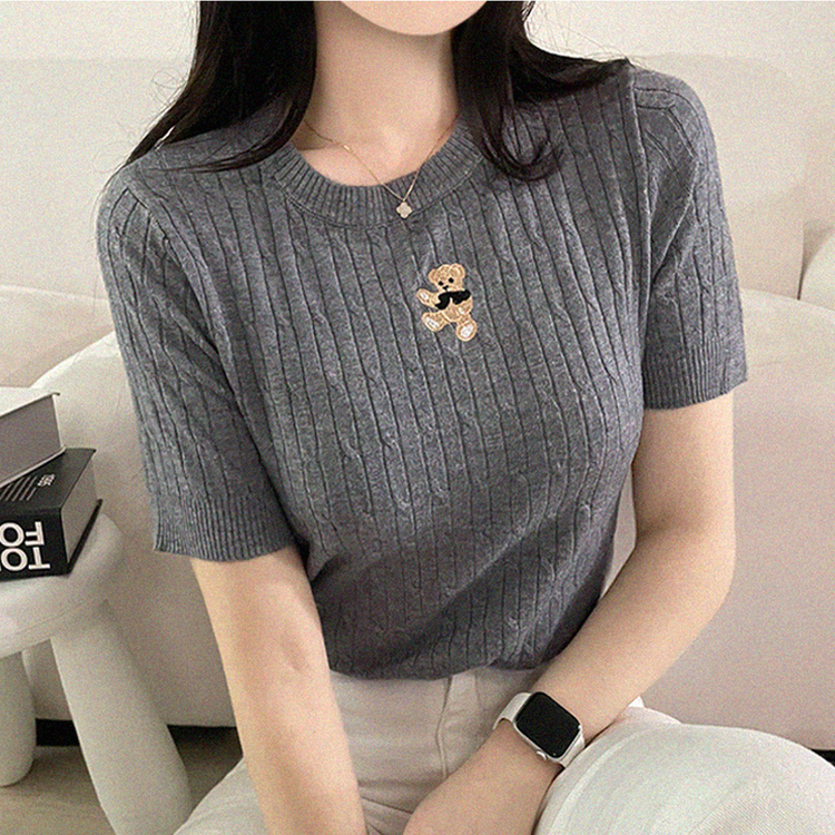 ベアーラウンドネックケーブル半袖ニット GRAY