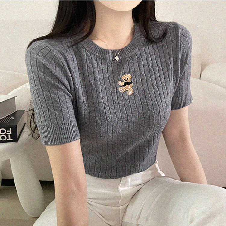 ベアーラウンドネックケーブル半袖ニット GRAY