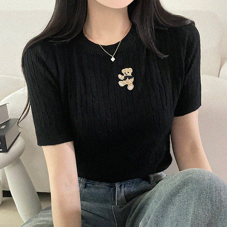 ベアーラウンドネックケーブル半袖ニット BLACK