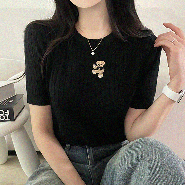 ベアーラウンドネックケーブル半袖ニット BLACK