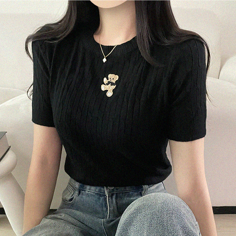 ベアーラウンドネックケーブル半袖ニット BLACK