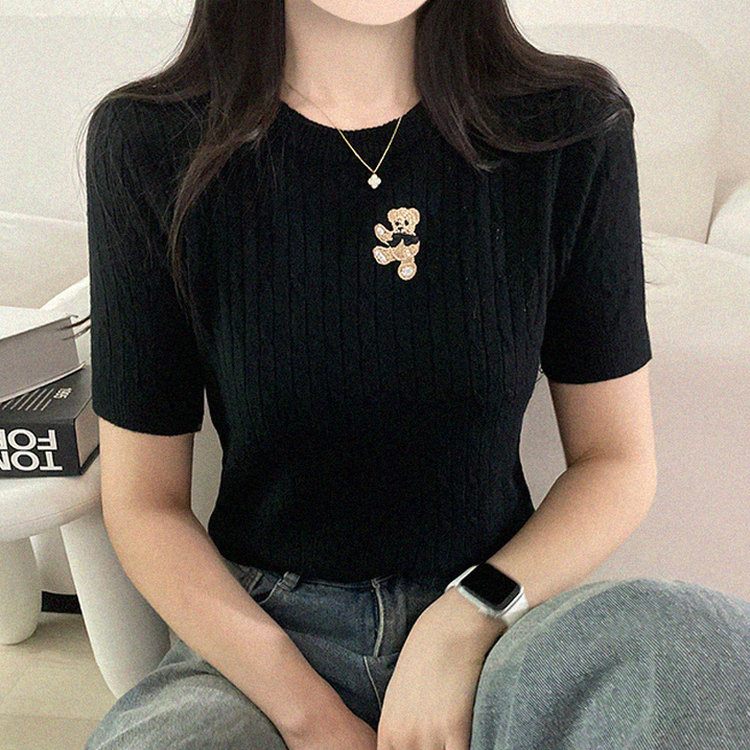 ベアーラウンドネックケーブル半袖ニット BLACK