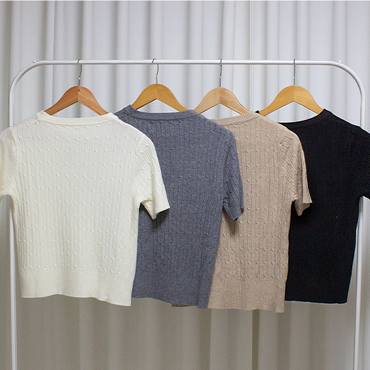 ベアーラウンドネックケーブル半袖ニット