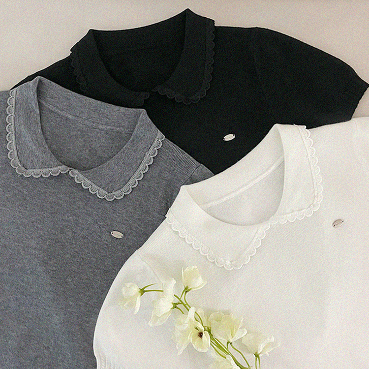 フリルネックパフクロップ半袖ニット