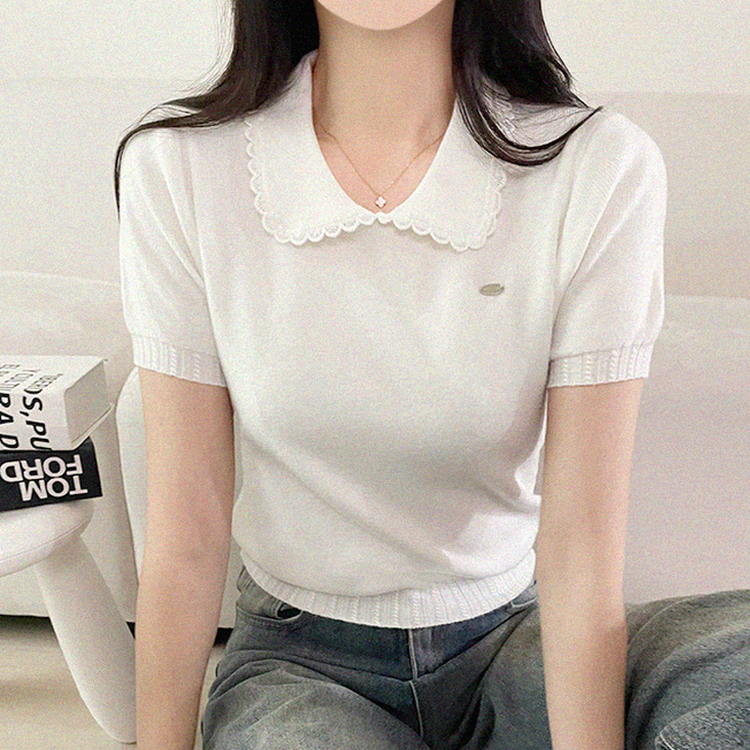 フリルネックパフクロップ半袖ニット WHITE