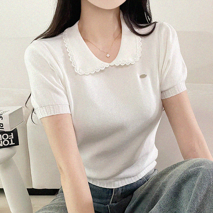 フリルネックパフクロップ半袖ニット WHITE