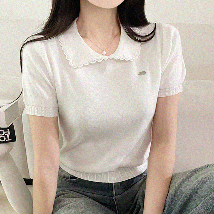 フリルネックパフクロップ半袖ニット WHITE