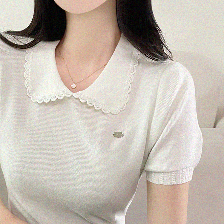 フリルネックパフクロップ半袖ニット WHITE
