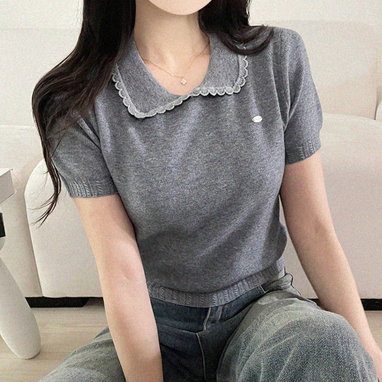 フリルネックパフクロップ半袖ニット GRAY(WINTER)