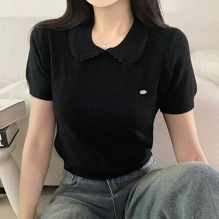 フリルネックパフクロップ半袖ニット BLACK