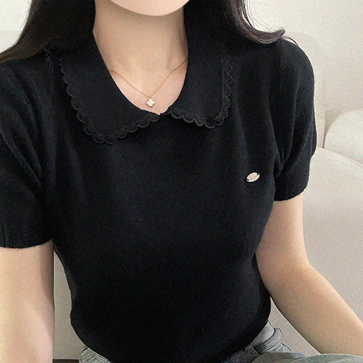 フリルネックパフクロップ半袖ニット BLACK