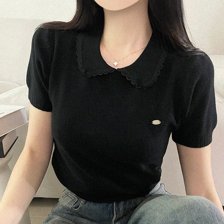 フリルネックパフクロップ半袖ニット BLACK