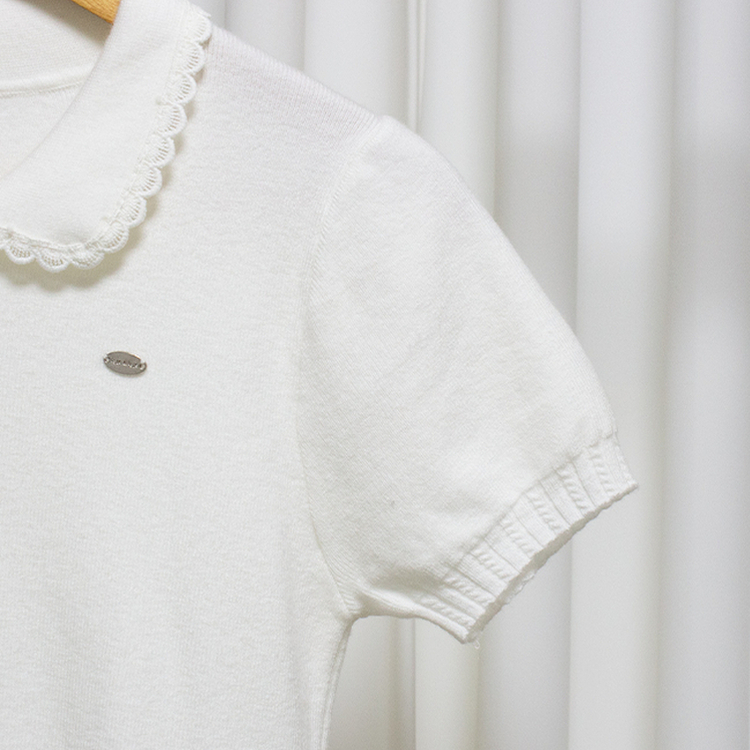 フリルネックパフクロップ半袖ニット