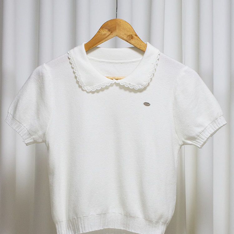 フリルネックパフクロップ半袖ニット