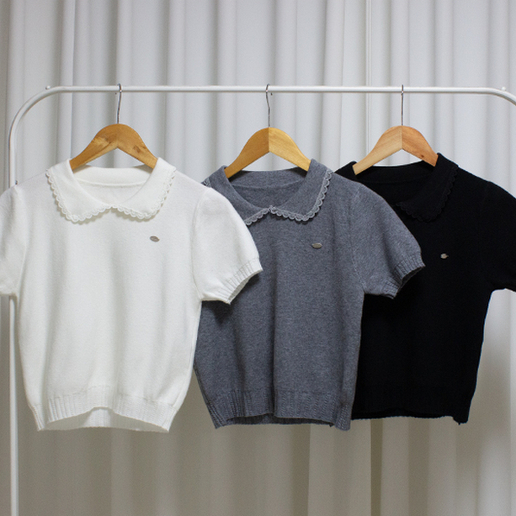 フリルネックパフクロップ半袖ニット