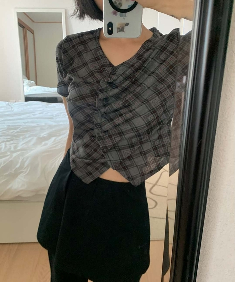 シャーリングフリルチェック半袖Tシャツ CHARCOAL