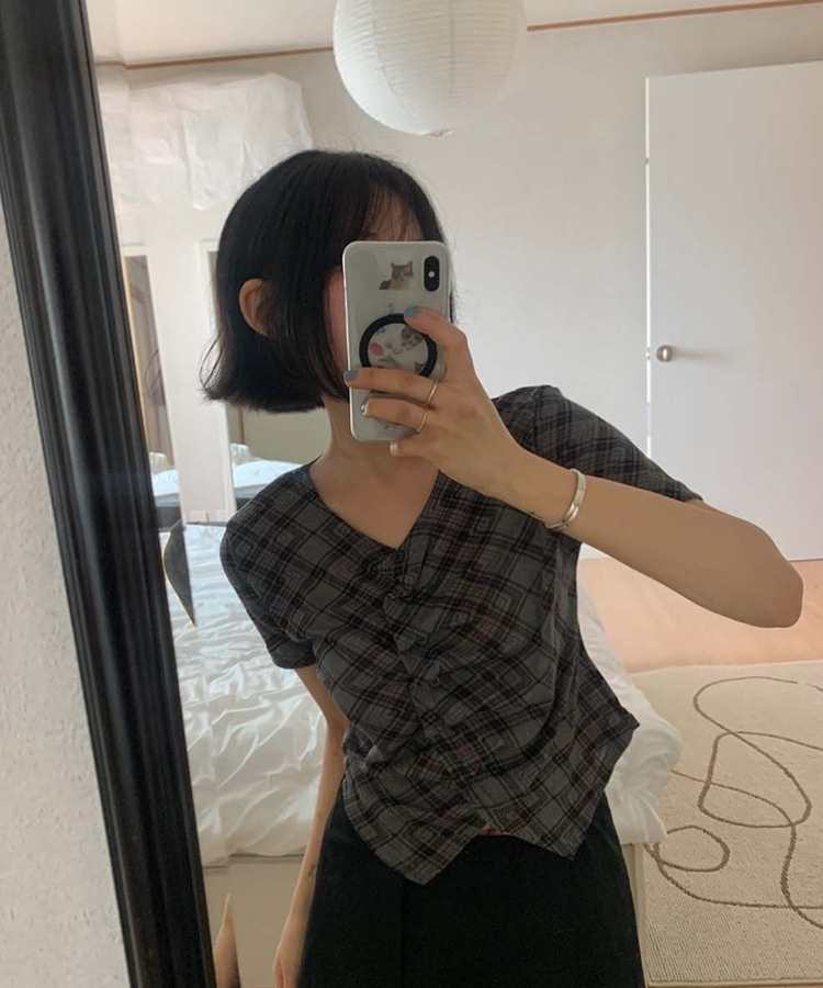 シャーリングフリルチェック半袖Tシャツ CHARCOAL