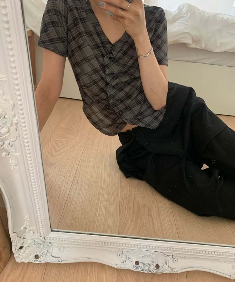 シャーリングフリルチェック半袖Tシャツ CHARCOAL