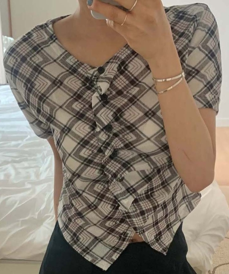 シャーリングフリルチェック半袖Tシャツ IVORY