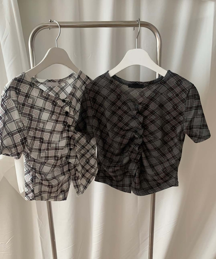 シャーリングフリルチェック半袖Tシャツ