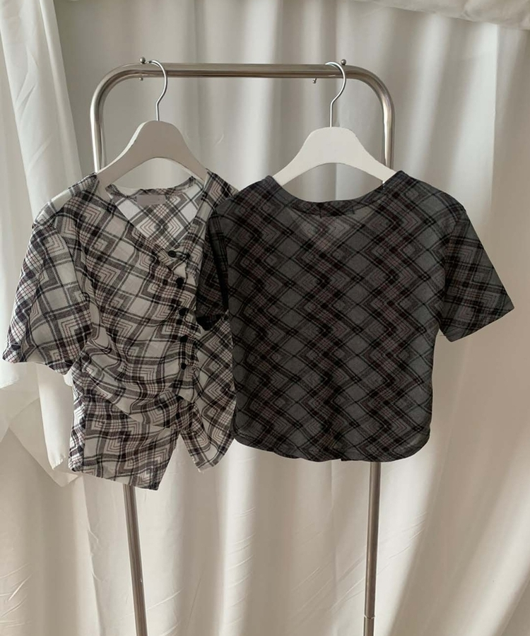 シャーリングフリルチェック半袖Tシャツ