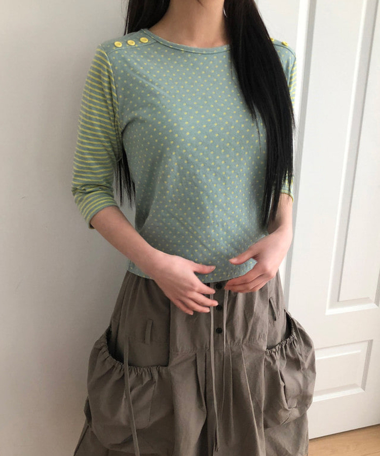 カラーストライプボタン7分Tシャツ SKYBLUE