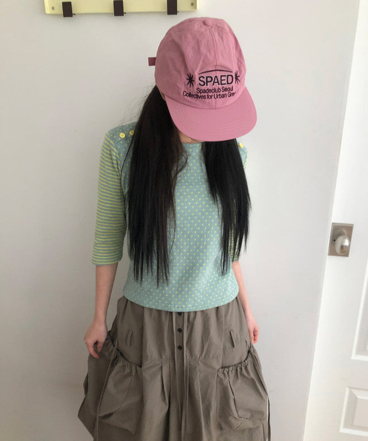 カラーストライプボタン7分Tシャツ SKYBLUE