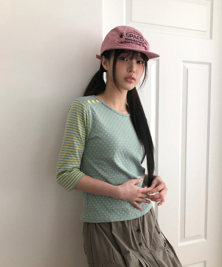 カラーストライプボタン7分Tシャツ SKYBLUE