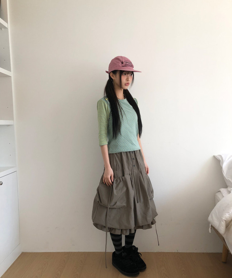 カラーストライプボタン7分Tシャツ SKYBLUE